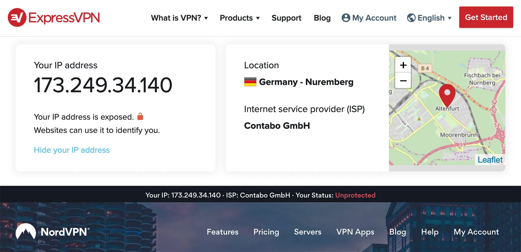 Two screenshots from VPN websites showing my "unprotected" IP address